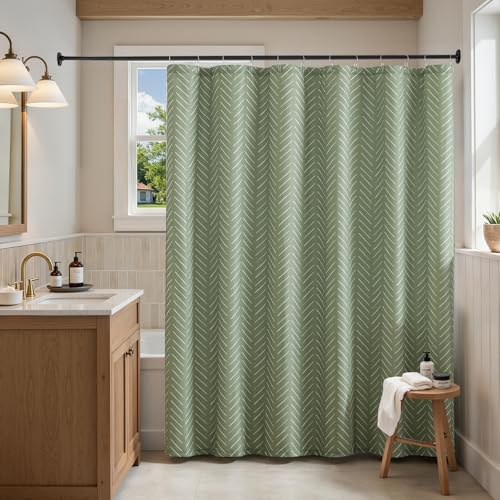 jinchan Sage Green Shower Curtain with White Herringbone Striped Zig Zag Chevron Waterproof Fabric Modern Farmhouse Shower Curtains for Bathroom with 12 Hooks 70x72 Inches - color: Chevron Sage Green, size: 70"W x 72"L (Pack of 1)