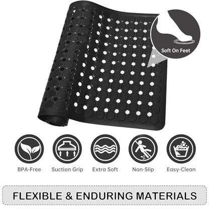 Non-Slip Bathtub and Shower Mats, Power Grip Bath Mat 35 x 16.3 Inch with Suction Cups and Drain Holes for Tub Bathroom Floor Safety, Machine Washable Soft Bathmat, Black - color: Black