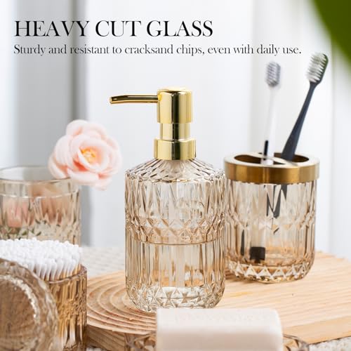 Bathroom Accessory Set 5 Pcs, Glass Bathroom Set Include Soap Dish, Toothbrush Holder, Mousewash Cup, Soap Dispenser, Cotton Swab Jar, Amber - color: Amber, style: 5 Pack