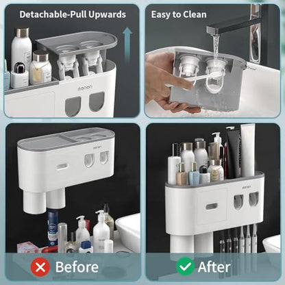 Toothbrush Holders for Bathrooms Wall Mounted, 6 Slot Toothbrush Holder with 2 Automatic Toothpaste Dispensers, 2 Magnetic Cups, Large Capacity Bathroom Organizer, Wall Storage with Drawer - size: Grey 2 Cups