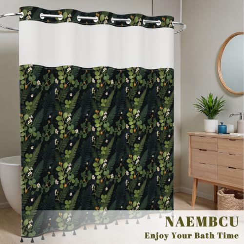 Botanical Shower Curtain with Snap in Liner & Tassels, 71x77 Inch | No Hook Needed & Mesh Top, Double Layer Waterproof Fabric, Dark Green Jungle Plant Leaf Design for Modern Farmhouse Bathroom - color: Dark Green Botanical