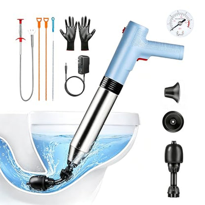 Electric Toilet Plunger, Blue One-Touch High Pressure Air Drain Blaster with Real-Time Barometer & Multi-Accessory Kit, Heavy Duty Automatic Drain Unclogger for Toilets, Sinks, Tubs, Pipes - size: Electric Toilet plunger-Blue