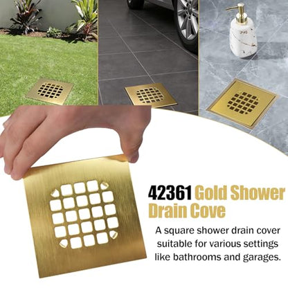 Gold Shower Drain Cover, Universal 4-1/4-inch Square Shower Drain Cover ﻿ | Snap-on Installation, Brushed Stainless Steel for Oatey Shower Drain