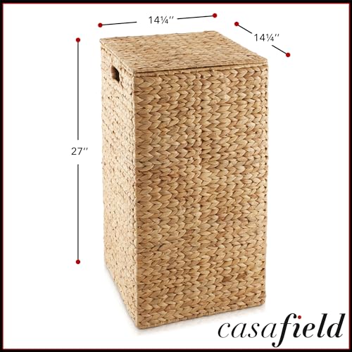 Casafield Laundry Hamper with Lid and Removable Liner Bag - Natural, Woven Water Hyacinth Square Laundry Basket Sorter for Clothes and Towels