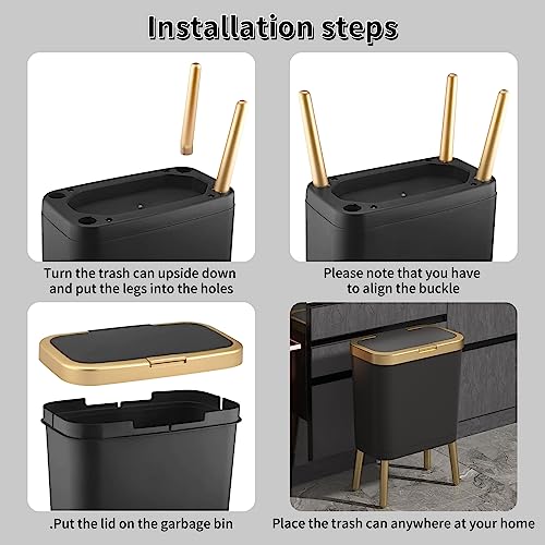 Procade Office Trash Can with Lid, Black Bathroom Trash Can with Gold Edge, Modern Narrow Garbage Can with Legs, Slim Plastic Trash Bin for Bedroom, Living Room,Kitchen,Toilet, 4 Gallon - color: Black