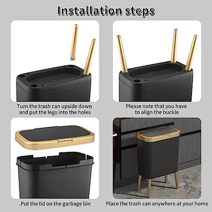 Procade Office Trash Can with Lid, Black Bathroom Trash Can with Gold Edge, Modern Narrow Garbage Can with Legs, Slim Plastic Trash Bin for Bedroom, Living Room,Kitchen,Toilet, 4 Gallon - color: Black