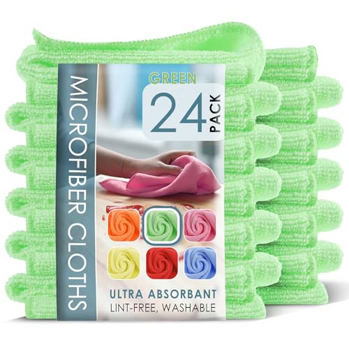 Hearth & Harbor Microfiber Cleaning Towels for Cars, 24 Pack Washcloths, Green Reusable Rags, Lint Free Cloth, 12x12 Inches - color: Green, size: 12"x12", style: 24 Pack