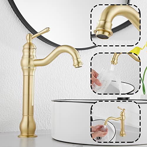 360 Swivel Single-Handle One Hole Vessel Sink Faucet with Matching Pop Up Drain - Brushed Gold Farmhouse Bathroom Vanity Faucet - color: Brushed Gold, size: Vessel