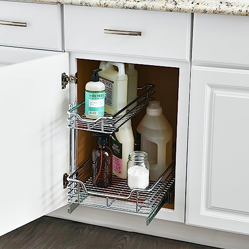Household Essentials Glidez 2‑Tier Large Multipurpose Chrome‑Plated Steel Pull‑Out/Slide‑Out Under Sink Organizer, Chrome Finish - size: 12.25" - Extended, style: Undersink