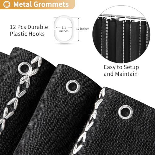 Boho Striped Tassel Linen Shower Curtain,3D Embroidery Stripe Black,72x90 | Extra Long Floor Length,Striped Texture,Water Repellent,Bohemian Luxury Farmhouse,Wrinkle Resistant,12 Plastic Hooks - color: Black, size: 72"W x 90"L (Pack of 1)
