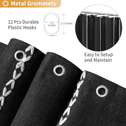 Boho Farmhouse Tassel Linen Shower Curtain,3D Embroidery Stripe Black,48x72 | Narrow Stall,310GSM Linen Texture Heavy Duty Cloth,Water Repellent,Wrinkle Resistant,Bohemian Luxury Farmhouse Rustic style - color: Black, size: 48"W x 72"L (Pack of 1)