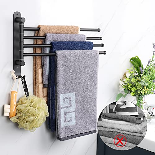 NearMoon Swivel Towel Rack, 13.8" Thicken 304 Stainless Steel 4-Arm Towel Bar, Space Saving Wall Mounted Towel Holder with Hook, Rustproof Swing Out Towel Hanger for Bathroom, Kitchen (Matte Black) - color: Matte Black, size: 13.8 Inch