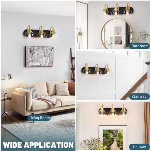 Dpyrrhic Modern 3-Light Vanity Light, Bathroom Lighting Fixture Over Mirror With Clear Glass Shade and Metal Base, Wall Sconces in Matte Black and Gold - color: Black & Gold, size: 3-Light