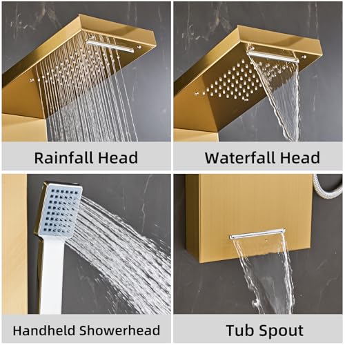 6 in1 Multi-Function Shower Panel Tower System-Brushed Gold | 304 stainless steel Shower Panel Column Tower with Powerful Body Massage, Rainfall, Waterfall,Handheld and Tub Spout - color: Brushed Gold, style: HSY-003