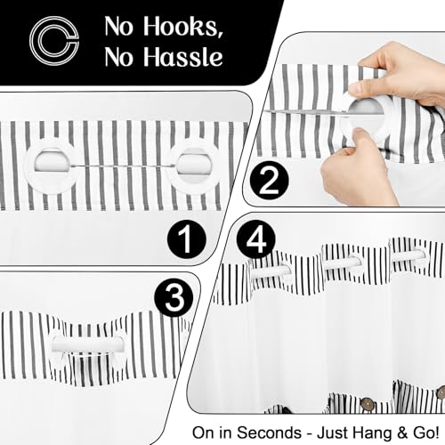 ASPMIZ Farmhouse Striped Shower Curtain and Liner Set No Hook, Black 71x74 | No Hook Shower Curtain with Snap in Liner Fabric, Rustic Washable Waterproof Bathroom Curtains with Button, Mesh Top Window - color: Black Striped, size: 71"W x 74"L (Pack of 1),