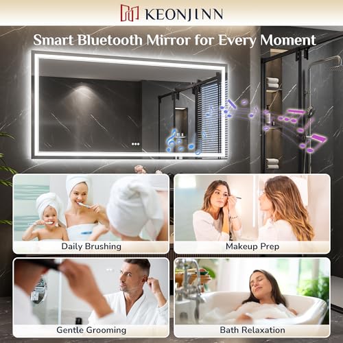 Keonjinn 55 x 36 Inch LED Bathroom Mirror with Lights, Bluetooth Speaker | Frontlit & Backlit Bluetooth Mirror Bathroom, 3000K/4500K/6000K, HD Tempered Glass, Dimmable, Fast & Safe Defogging, CRI90+ - size: 36"L x 55"W