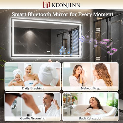 Keonjinn 55 x 36 Inch LED Bathroom Mirror with Lights, Bluetooth Speaker | Frontlit & Backlit Bluetooth Mirror Bathroom, 3000K/4500K/6000K, HD Tempered Glass, Dimmable, Fast & Safe Defogging, CRI90+ - size: 36"L x 55"W