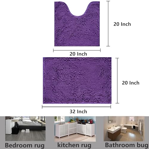 Bathroom Rugs Chenille, Extra Thick and Absorbent, Non-Slip, Machine Washable, Dry Quckily, Soft Cozy Plush, Used Under Shower Bathtub and Sink, Bath mat Sets Purple - color: Violet, size: 20 x 32 inch + 20 x 20 inch (U-Shape)