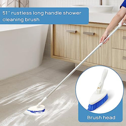Qaestfy Shower Scrubber Cleaning Brush Combo Bath Tub Tile Cleaner Scrubber Brush with 51'' Adjustable Long Handle Scrub Brush for Bathroom Shower Bathtub Wall Mop Cleaning Scrubbing - color: Blue