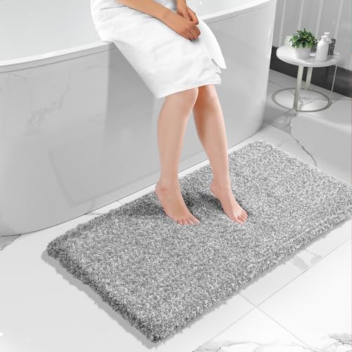 Yimobra Luxury Bathroom Rugs, Fluffy Bath Mats, Non Slip, Water Absorbent Microfiber, Machine Washable, Plush Runner Shower Rugs, Thick Matts for Bathroom Floor&Tub, 56" X 24", Light Gray and White - color: Light Gray and White, size: 56" X 24"