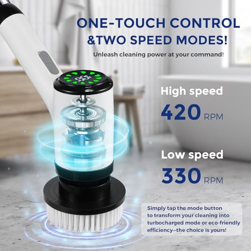 Electric Spin Scrubber, Cordless Power Cleaning Brush with 8 Replaceable Heads, 2 Adjustable Speeds, LED Display & Long Handle, Ideal for Bathroom Tub Tile Floor Car Cleaning