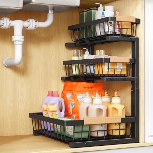 PXRACK Under Sink Organizer, 1-Pack 3-Tier Height Adjustable Thickened Metal Pull out Cabinet Organizer Shelf, Slide out Storage Drawer Rack for Bathroom Kitchen Pantry Home Organization, Black - color: Black, size: 1-Pack
