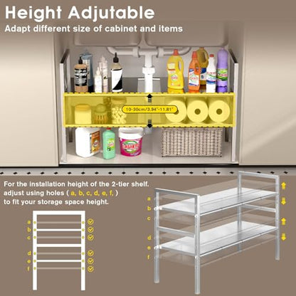 Under Sink Organizers and Storage,Expandable under cabinet organizer Shelf | 2-tier stainless steel heavy-duty expandable rack with 8 panels & adjustable width 18.9"-34.6" for kitchen bathroom shoe rack