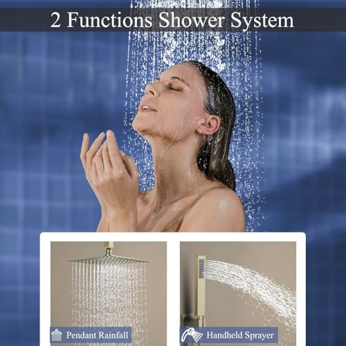 16 Inch Brushed Gold Ceiling Mount Shower System Bathroom Luxury Rain Mixer Shower Combo Set Ceiling Rainfall Shower Head System Faucet Contain Rough-in Valve and Trim Included - color: Brushed Gold, size: 16 Inch