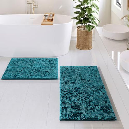 Hearth & Harbor Bathroom Rugs, Chenille Bath Mat - Machine Washable Bath Mats for Bathroom Non-Slip Backing Rubber, Quick Dry Bathroom Mat - color: Teal, style: 17 x 24 + 20 x 32