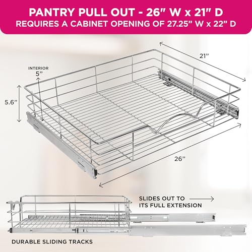 HOLDN’ STORAGE Pull Out Cabinet Organizer, Pantry Drawer, 26"W x 21"D x 5"H | Heavy-Duty Full-Extension, Roll Out Shelf for Pots, Pans & Under Sink Storage, Chrome, Require a 27.25"W Cabinet Opening - size: 26 Inch