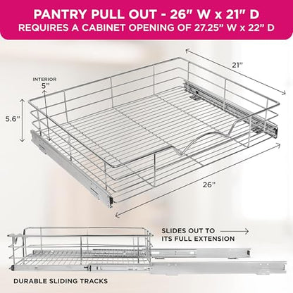 HOLDN’ STORAGE Pull Out Cabinet Organizer, Pantry Drawer, 26"W x 21"D x 5"H | Heavy-Duty Full-Extension, Roll Out Shelf for Pots, Pans & Under Sink Storage, Chrome, Require a 27.25"W Cabinet Opening - size: 26 Inch
