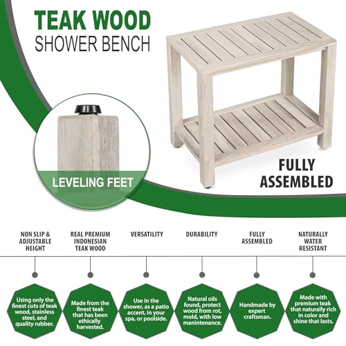 Gray Teak Shower Bench with Shelf 21 Inch for Bathroom, Spa - Fully Assembled, Shower Stool, Rustic Gray Finish, The Elisa