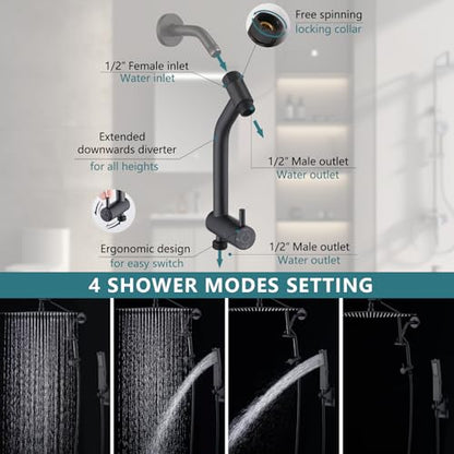 PDPBath Brass Shower Arm Diverter with Adhesive Handheld Holder for Easy Reach, Upgrade Low 3-Way Diverter with Pause Setting, G1/2 Universal Connection - Matte Black - color: Matte Black-3