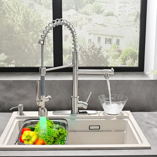 Fapully Commercial Kitchen Faucets with Pull Down Sprayer Brushed Nickel | Kitchen Sink Faucet with Soap Dispenser and Deck Plack,Single Handle 4 Hole Faucet for Kitchen Sink, 360° Swivel - color: Brushed Nickel, style: Rustic