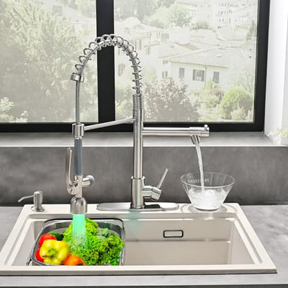 Fapully Commercial Kitchen Faucets with Pull Down Sprayer Brushed Nickel | Kitchen Sink Faucet with Soap Dispenser and Deck Plack,Single Handle 4 Hole Faucet for Kitchen Sink, 360° Swivel - color: Brushed Nickel, style: Rustic