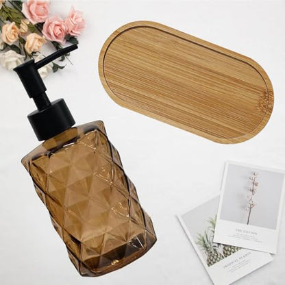 12oz Brown Glass Hand and Dish Soap Dispenser Set, Diamond Design, Set of 2 | Bathroom Soap Dispenser with Plastic Pumps, Bamboo Tray for Hand Wash & Dish Wash, for Bathroom Kitchen Countertop - color: Brown