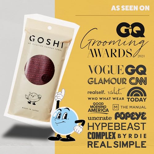 GOSHI Exfoliating Shower Towel - Long Body Scrubber, Red | For back acne, KP & smooth skin, durable quick dry nylon washcloth, ethically crafted in Gunma, Japan - color: Red
