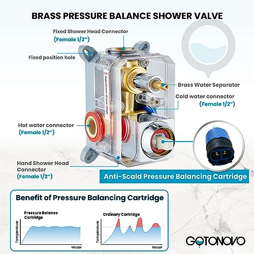 gotonovo Rainfall Bathroom Shower System Rain Shower Head and Handle Set Wall Mounted Shower Complete Combo Solid Brass Pressure Balancing Shower Mixer Valve 8 Inch Polished Chrome - color: Polished Chrome, size: 8 Inch