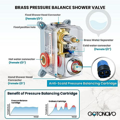 gotonovo Rainfall Bathroom Shower System Rain Shower Head and Handle Set Wall Mounted Shower Complete Combo Solid Brass Pressure Balancing Shower Mixer Valve 8 Inch Polished Chrome - color: Polished Chrome, size: 8 Inch