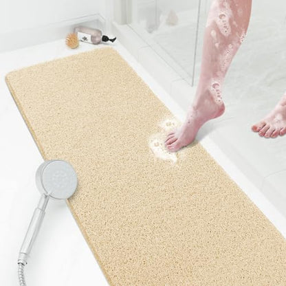 SoftDuo Shower Mat Bathtub Mat Non-Slip Soft Tub Mat | 47x16 inch,PVC Loofah Bath Mat with Drain for Tub and Bathroom,Quick Drying,Khaki - color: Khaki, size: 47" x 16" (Rectangular)