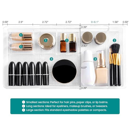 Oubonun Expandable Drawer Organizer 11.1” to 19.2” Width, Shallow Cosmetic Organizer 1.3” Height, 2 Packs, Clear Plastic Storage Trays for Dressing Table,Bathroom - style: Shallow 2 Packs