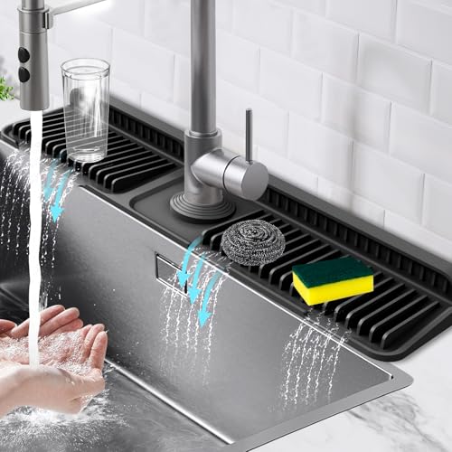 24-Inch Kitchen Sink Splash Guard Mat | 7° Slope for Fast Self-Draining | Snap-Lock Design | Universal & Cuttable Silicone Faucet Mat (Black) - color: Black, size: 24" x 5.5"
