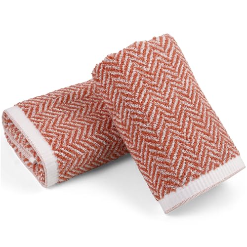 Cleanbear Decorative Hand Towels with Herringbone Stripes, Light-Coral | 100% Cotton Bathroom Hand Towels, 2-Pack Soft Absorbent Towels for Daily Use, 13 x 28 Inches - color: Coral