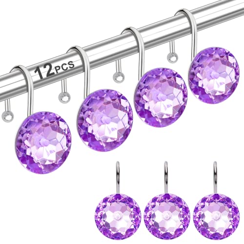 12PCS Stainless Steel Shower Curtain Hooks Rings for Bathroom, RustProof Metal Crystal Rhinestones Bling Shower Curtain Rings Hangers for Shower Curtain Decorative, Round Heavy Duty Hooks (Purple) - color: Purple, size: 12pcs