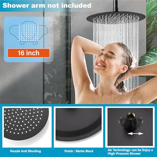 Midanya Round Rain Shower Head,High Pressure,Matte Black 16 Inch | 360°Swivel,Ceiling or Wall Mount,Waterfall Full Body Coverage,Bathroom Remodel,Stainless Steel Large Rainfall Shower Head - color: Black, size: 16 Inch