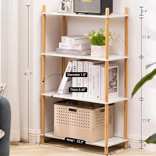 4-Tier Expandable Freestanding Open Bamboo Book Shelf - No-Tool Assembly & Modular,Bathroom Storage Shelf Unit Plant Stand for Small Space, Bedroom, Living Room, Home Office (White, 4-Tier) - color: White 4-tier-1
