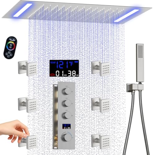 AYIVG Ceiling Mount 20x14 Inch Rainfall Shower System With 6 On Off Body Jets 3 Way Diverter Shower Faucet And Handheld Shower Heads Temperature Display Set (Brushed Nickel) - color: Brushed Nickel