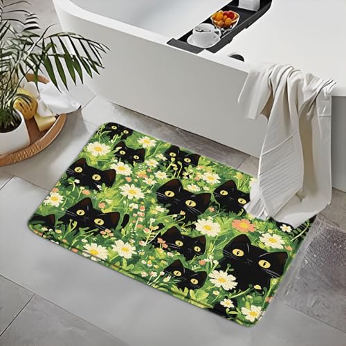 Funny Cat Bath Mat Boho Modern Cute Aesthetic Girly Unique Spring Flowers Girls Chic Teen Pretty Women Bathroom Rug Microfiber Memory Foam Shower Mat Kitchen Bath Floor Rugs, 16x24 Inch - size: 16x24 Inch(40x 60CM)
