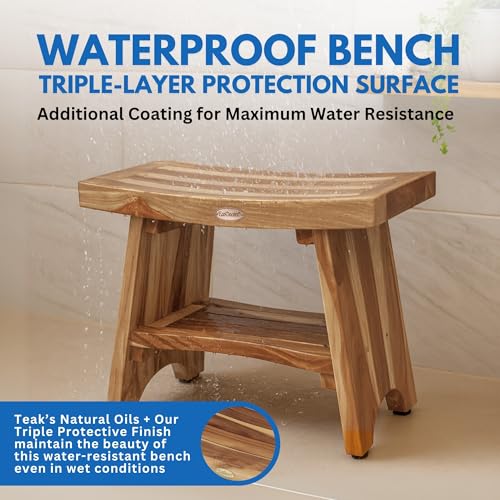 EcoDecors Serenity 24-Inch Teak Shower Bench with Shelf, 300 lb | Supports up to 300 lb with adjustable non-slip feet for stable, secure seating in showers and bathrooms - size: 24" shelf