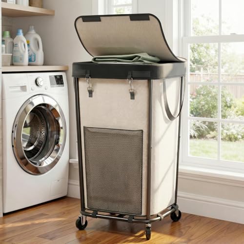 Laundry Basket with Lid and Wheels Rolling Laundry Basket, Removable Laundry Bag Design for Daily Use in Bathrooms and Laundry Rooms (Cover White, 160L) - color: Cover White